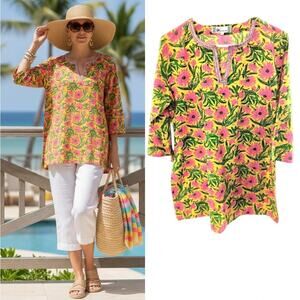 Westside Boho Yellow Floral Rhinestone Tunic Top L Coquette Cottagec 3/4 Sleeve